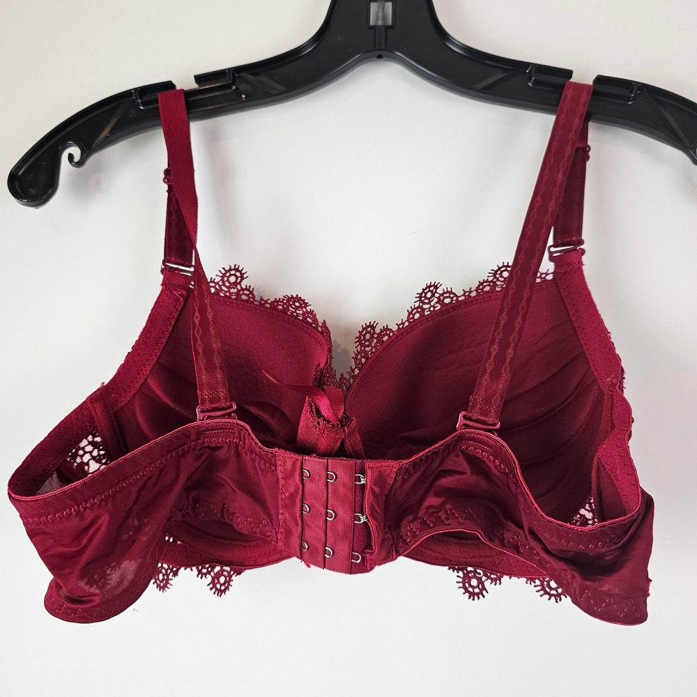 Burgundy Red Lace Push Up Bra Padded Underwire Floral Trim 85B 38B - Picture 7 of 7